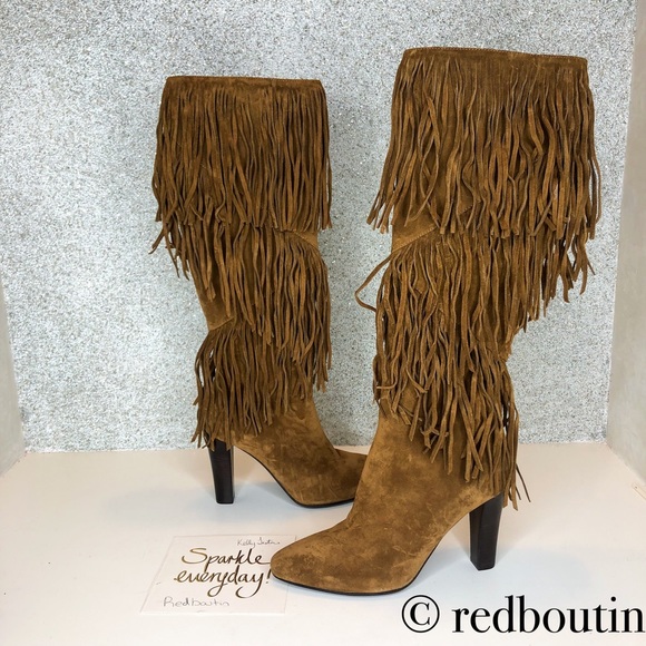 Saint Laurent Shoes - Saint Laurent Tan Suede Fringe Knee-High Heeled Boots